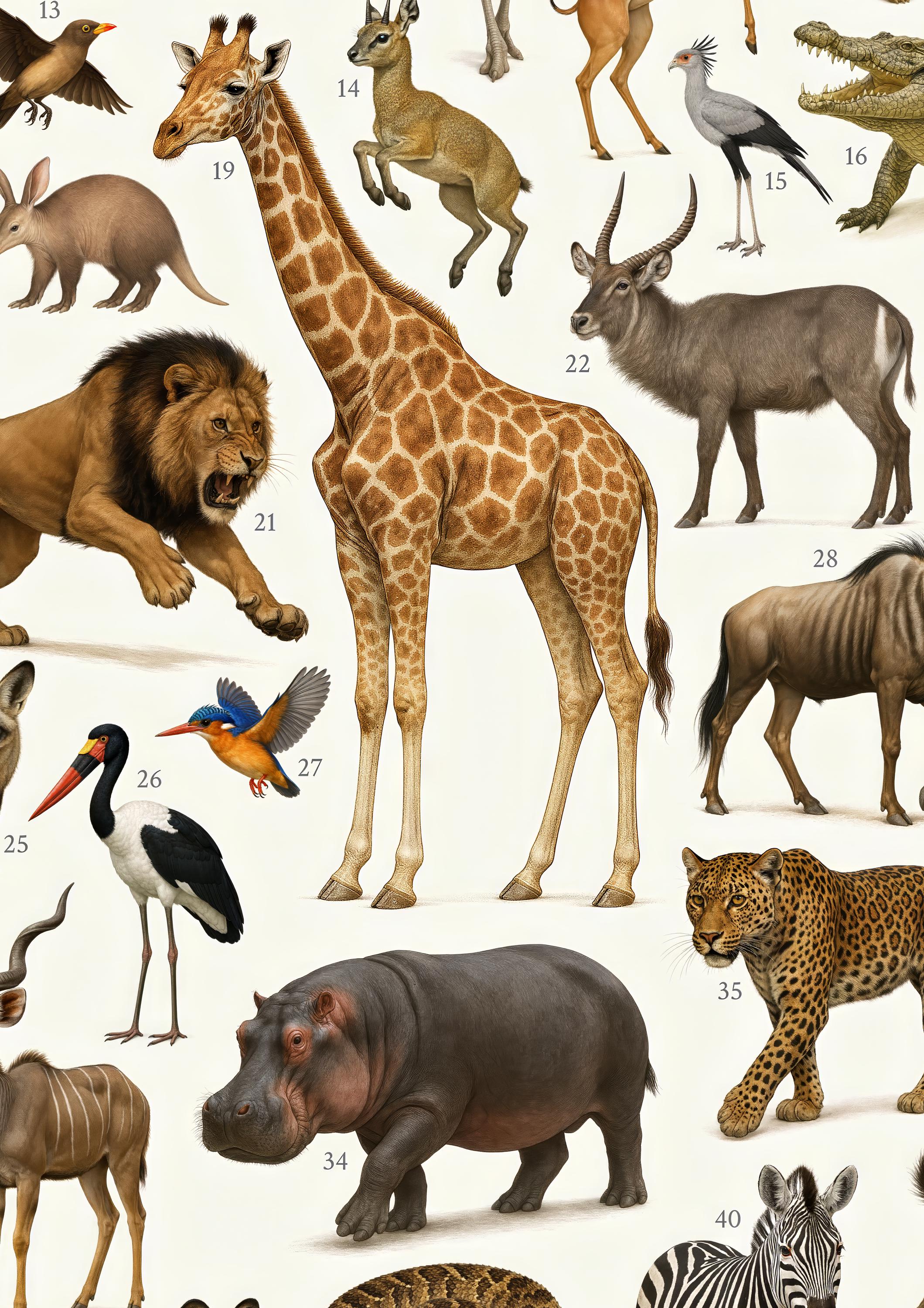 Animals of the African Savanna Poster: Retro Identification Chart