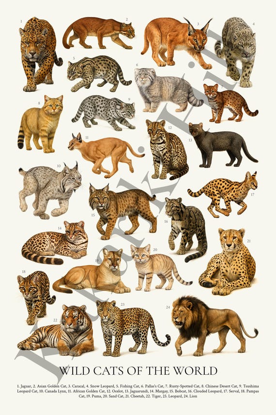 Wild Cats of the World Poster: Retro Animal Identification Chart