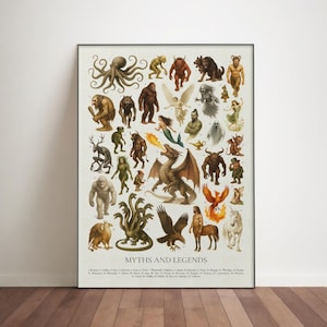 Puede incluir: Un póster enmarcado que presenta diversas criaturas míticas y seres legendarios, como un dragón, una sirena y un centauro. La obra de arte incluye ilustraciones de seres fantásticos, con el título "MYTHS AND LEGENDS" en la parte inferior.