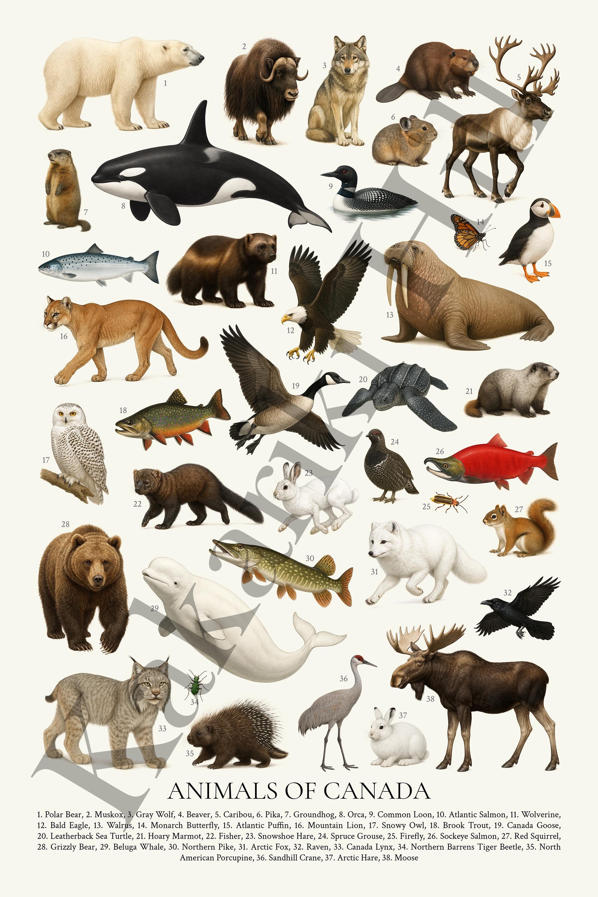 Animals of Canada Poster Digital Download: Retro Wildlife ...