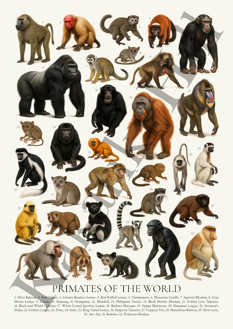 Primates of the World Poster: Retro Wildlife Illustration, Educational ...