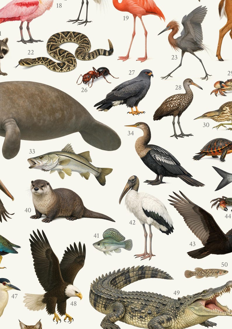 May include: A detailed educational poster featuring numbered illustrations of various wildlife species, including a manatee, a rattlesnake, an ant, a bald eagle, a crocodile, an otter, and several bird species, all set against a plain off-white background.