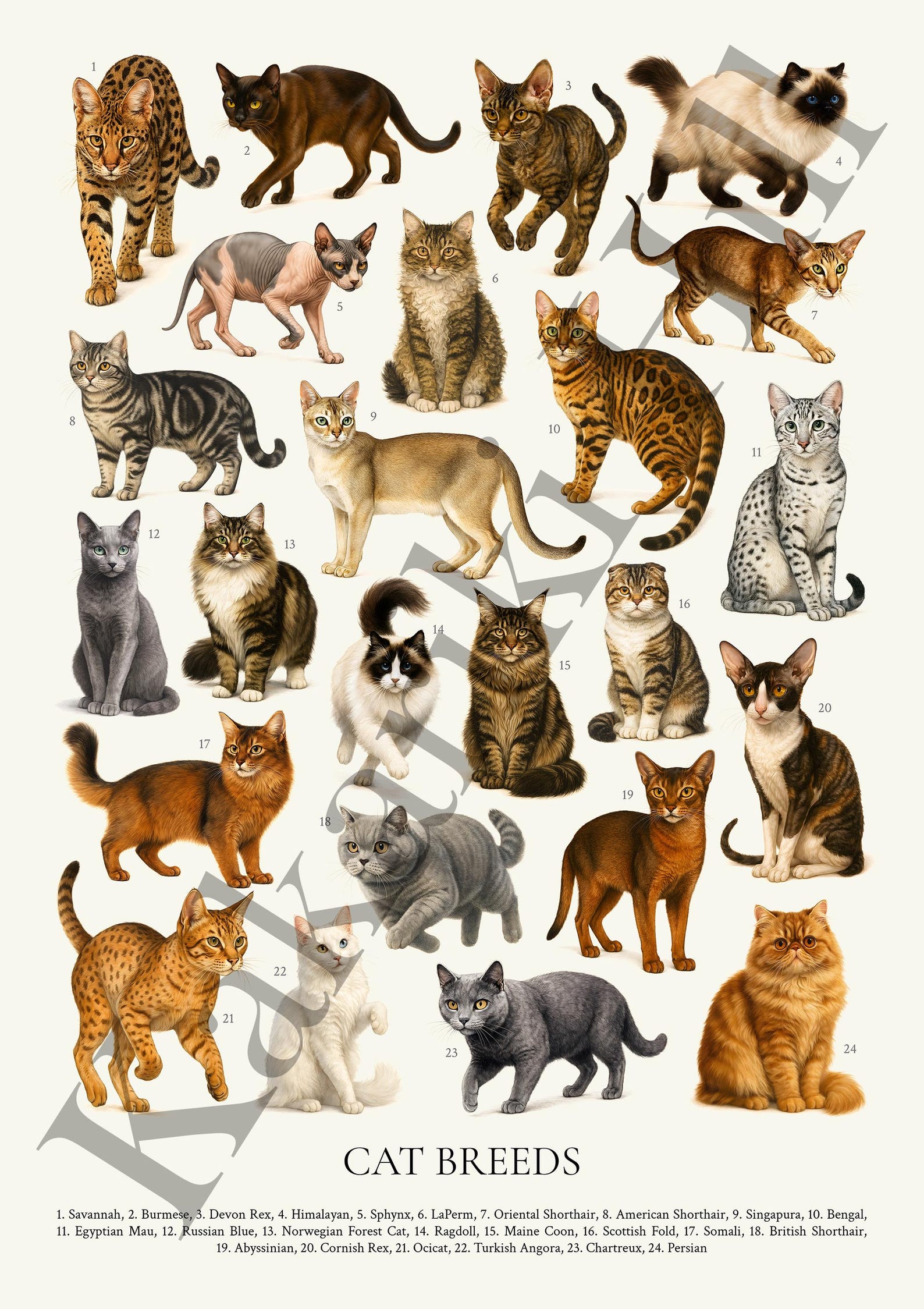 Cat Color Identification Cat Breeds Poster: Retro Style Cat Lover Identification Chart - Etsy