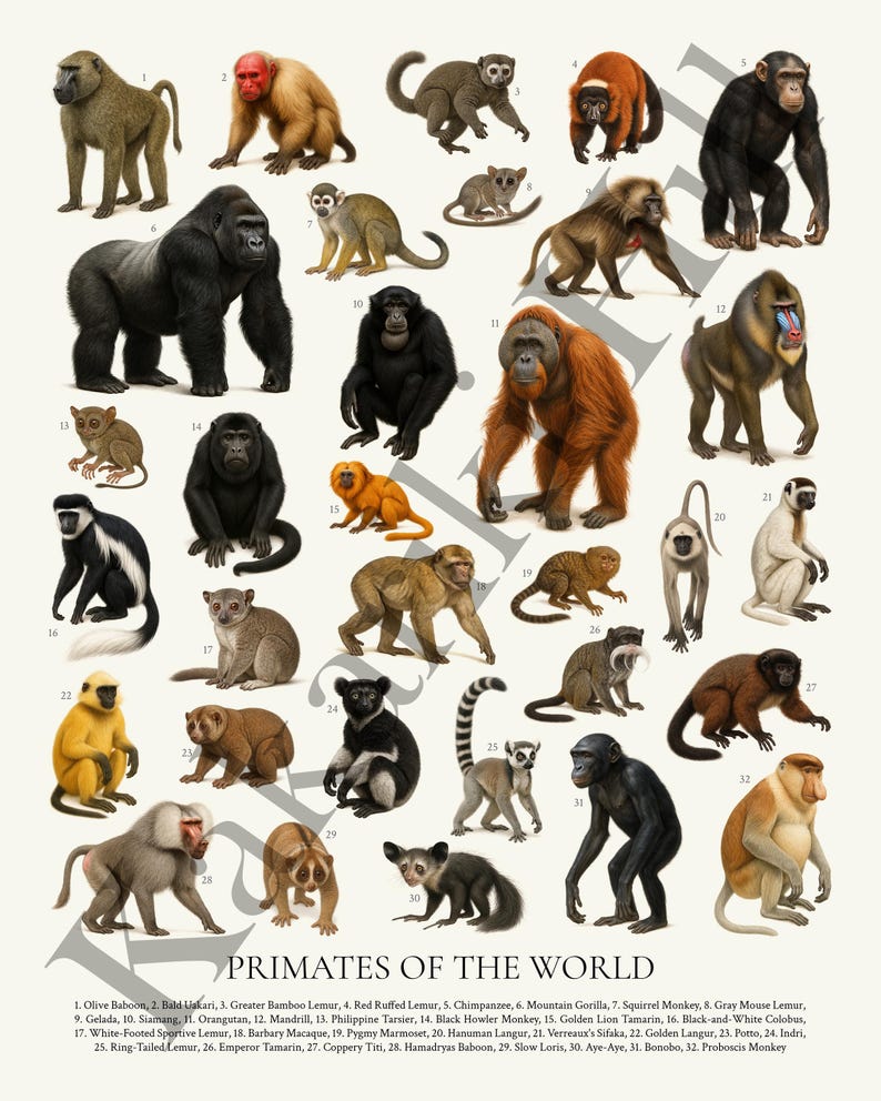 Primates of the World Poster: Retro Wildlife Illustration, Educational ...