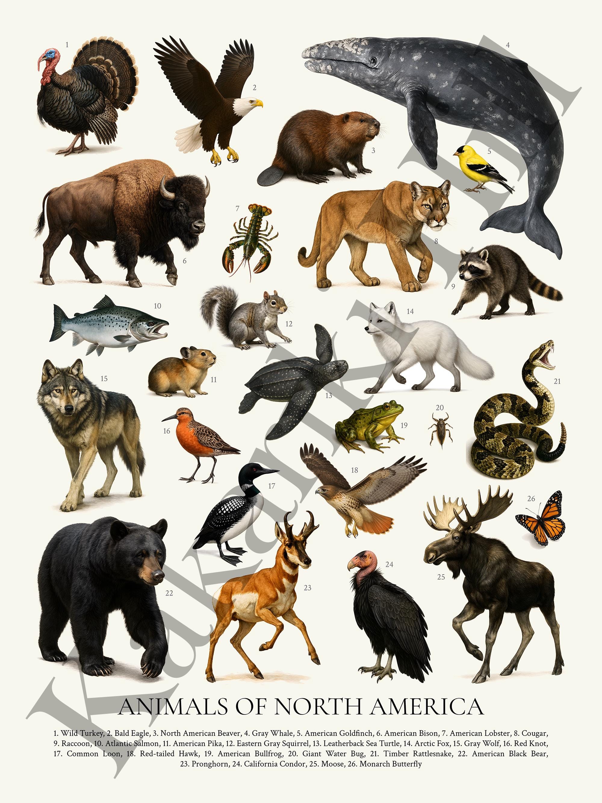 North American Wildlife Poster: Retro Animal Illustration Chart ...