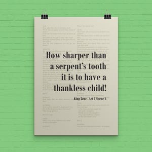 Bambino ingrato, poster/tela di Re Lear Shakespeare di alta qualità. Citazione di William Shakespeare. Arte tipografica per la biblioteca domestica, regalo retrò per topi da biblioteca