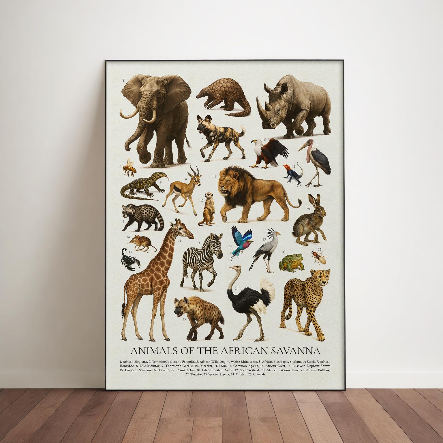 アフリカのサバンナの動物のポスター：レトロなイラスト、教育用印刷物