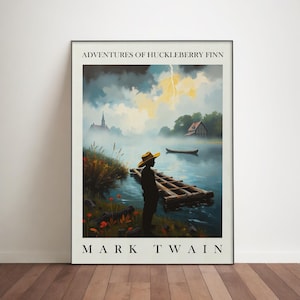 May include: A framed art print featuring a landscape scene from "Adventures of Huckleberry Finn" by Mark Twain. The artwork depicts a figure on a riverbank, a boat, and a storm. The print is in a black frame and hangs on a white wall.