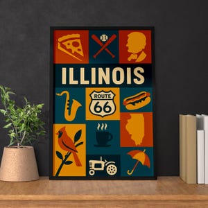 May include: A framed poster featuring a collage of Illinois-themed icons. The design includes a slice of pizza, baseball and bat, a silhouette, a saxophone, Route 66 sign, hot dog, a cardinal, coffee cup, the state outline, a tractor, and an umbrella.