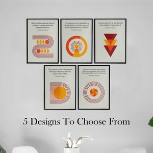 May include: Five framed art prints with minimalist designs in orange, red, and yellow. Each print features a quote by Christopher Hitchens. The text "5 Designs To Choose From" is at the bottom of the image.