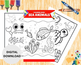 10 lindas páginas para colorear de animales marinos, libro para colorear imprimible, 10 páginas de diseños, actividades para niños