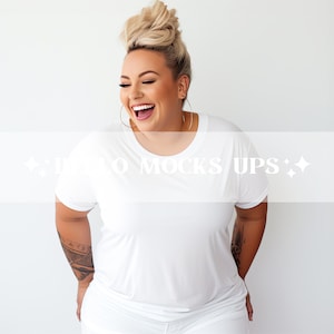 Bella Canvas 3001 White T-Shirt Mockup, Curvy Blonde Model Mock-up, Plus Size T-shirt Mock Up, Minimalist Mockup, Woman with Tatoo Mockup