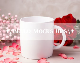Maqueta de taza del día de San Valentín, maqueta de taza de cerámica en blanco, fondo rosa de maqueta de taza de café, maqueta de taza de té festivo, descarga JPEG