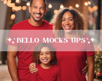 Family Christmas Pajamas Mockups, Red Bella Canvas 3001 Shirt Mockup, Matching Group Mockup, Blank Red Christmas Tees, Mom, Dad, Kid Mockups