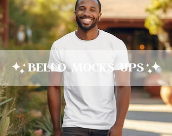 Male Model Mockup, Bella Canvas 3001 White T-Shirt Mockup, Blank Dad T-shirt Mockup, Outdoors Man Mockup, Inclusive African American Mockup