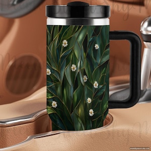 Green Leaves Daisy Tumbler 40oz, Floral Nature Insulated Cup with Handle and Straw, Botanical Glass Art Style Travel Mug, Gift for Her