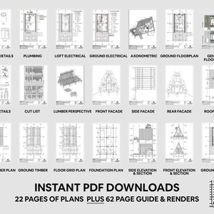 May include: A set of 22 architectural plans for a house, including window details, plumbing, electrical, floor plans, and exterior views. The plans are labeled with titles such as "Window Details", "Plumbing", "Loft Electrical", "Ground Electrical", "Axonometric", "Ground Floorplan", "General Floorplans", "Timber Details", "Cut List", "Lumber Perspective", "Front Facade", "Side Facade", "Rear Facade", "Roof Plan", "Loft Timber Plan", "Ground Timber", "Floor Grid Plan", "Foundation Plan", "Side Elevation & Section", "Front Elevation & Section", and "Ground Floor". The plans are in black and white and are drawn on a white background. The plans are part of a larger set of plans that includes 62 pages of guides and renders. The plans are available for instant download.