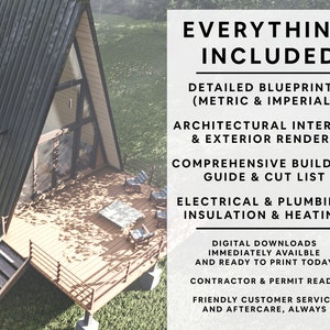 May include: A digital download package for building a A-frame house. The package includes blueprints, interior and exterior renders, a building guide, cut list, electrical and plumbing plans, insulation and heating plans.  The text "EVERYTHING INCLUDED" is at the top of the image.