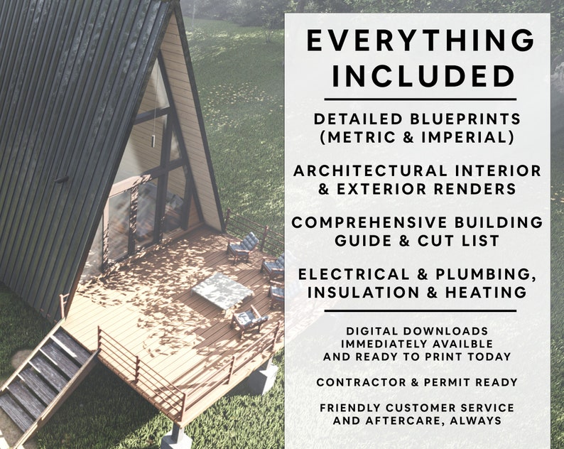 May include: A digital download package for building a A-frame house. The package includes blueprints, interior and exterior renders, a building guide, cut list, electrical and plumbing plans, insulation and heating plans.  The text "EVERYTHING INCLUDED" is at the top of the image.