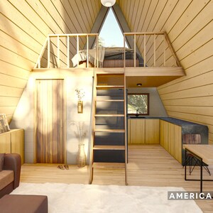 May include: A small, wooden A-frame cabin with a loft bedroom. The cabin has a living room with a couch, a kitchen with a counter and cabinets, and a dining table with chairs. The loft is accessed by a ladder. The cabin is made of wood and has a natural wood finish.