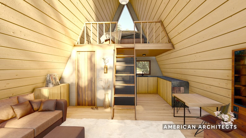 May include: A small, wooden A-frame cabin with a loft bedroom. The cabin has a living room with a couch, a kitchen with a counter and cabinets, and a dining table with chairs. The loft is accessed by a ladder. The cabin is made of wood and has a natural wood finish.