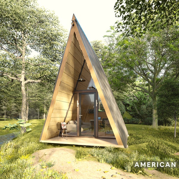 Small A-Frame Cabin 12 x 14’9 Modern Tiny Home Cabin Plans PDF – Architect Designed, DIY Download Blueprints – 100 SF – Airbnb Self Build