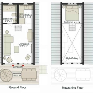 May include: Floor plan of a small house with a ground floor and a mezzanine floor. The ground floor has a living room, kitchen, bathroom, and a veranda. The mezzanine floor has a bedroom and a high ceiling.
