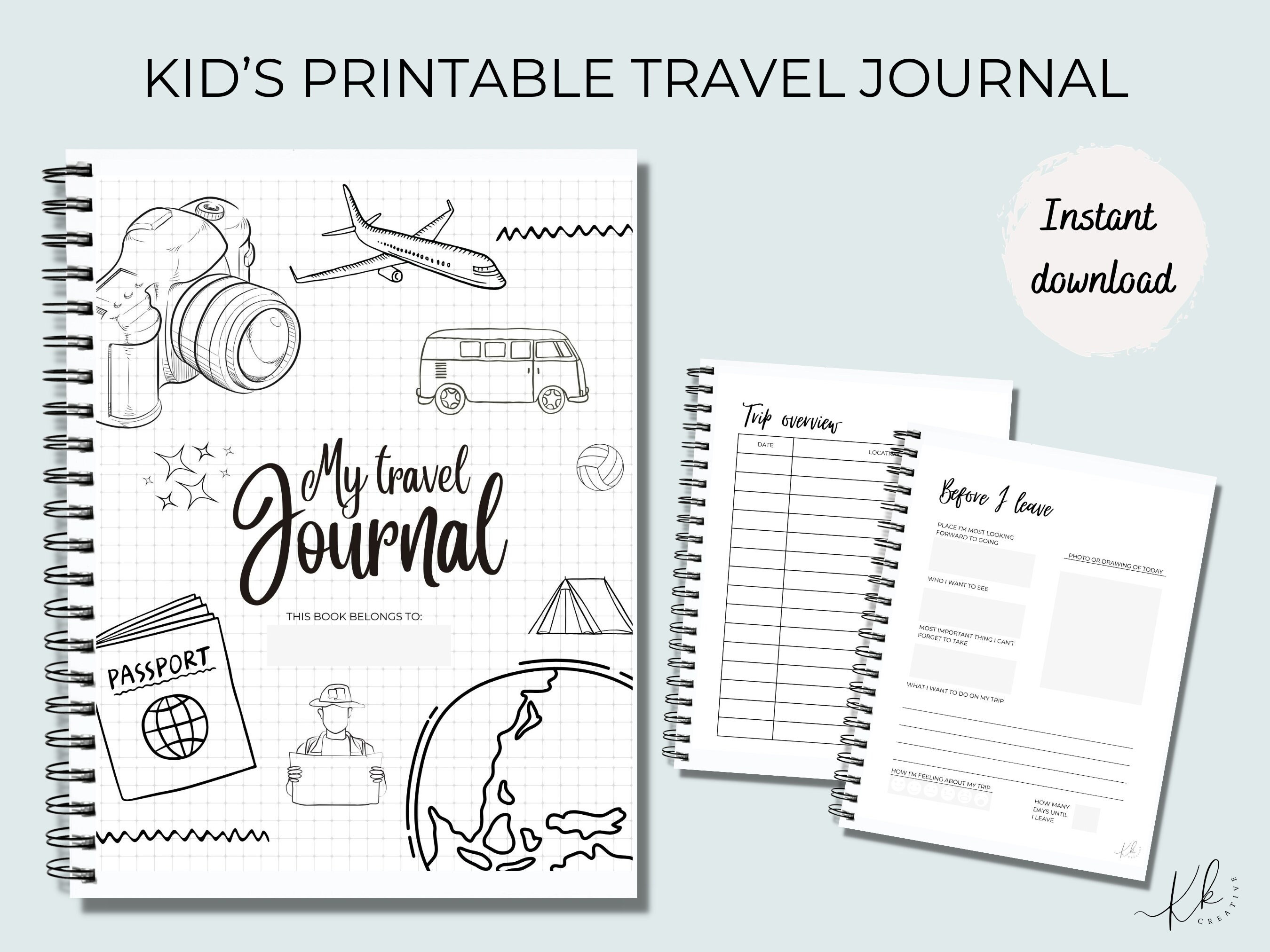 Kids printable travel holiday vacation journal to preserve family memories. Digital download