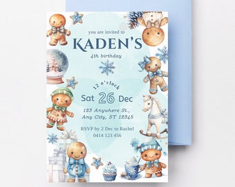 Blue Gingerbread Man Christmas Birthday Party Invitation, Gingerbread House Making Invite, Editable Digital Invite, Festive Season Invite