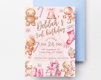 Pink Gingerbread Man Christmas Birthday Party Invitation, Gingerbread House Making Invite, Editable Digital Invite, Festive Season Invite