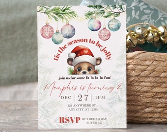 Peeking Christmas Bear Birthday Invitation, Peek-A-Boo, Whimsical Festive Winter Party Invite, Tis the season to be jolly, fa-la-la-la