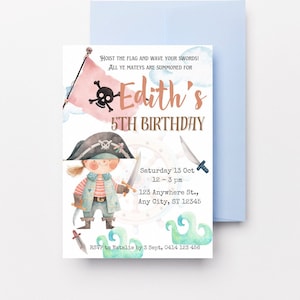 Pirata femenina con espadas invitación a fiesta de cumpleaños, chica aventurera dama pirata, cumpleaños de niña, invitación editable digital