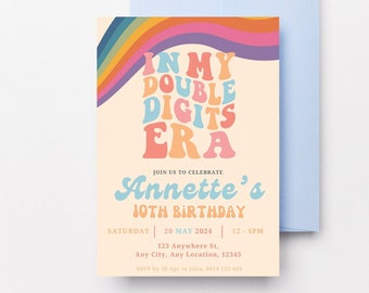 Double Digits Era Birthday Party Invitation, 10th Birthday Party Invite, Retro Rainbow Birthday Invite, Editable Template Instant Download