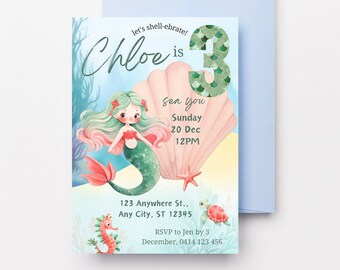Cute Mermaid 3rd Birthday Invitation, Mermaid Scales, Under the Sea, Sea life and shells, Digital Editable Invite