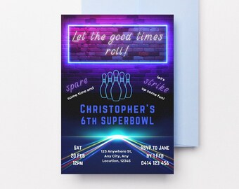 Invitación a la fiesta de cumpleaños de bolos, divertirse, rollo de buenos tiempos, invitación a la fiesta de neón brillante, invitación editable, plantilla imprimible