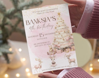 Cute Pink Christmas Birthday Invitation, Digital Editable Invite, Tis the season to be jolly, most wonderful festive season party invitation