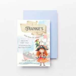 Pirata femenina con invitación de fiesta de cumpleaños de barco, chica aventurera dama pirata, fiesta pirata de zarpar, cumpleaños de niña, invitación editable