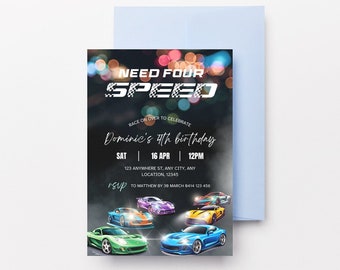 Besoin d'une invitation à une fête d'anniversaire à quatre vitesses, invitation à une fête de course de rue, besoin d'une invitation à quatre vitesses, fête d'anniversaire de 4e anniversaire de voiture de course, modèle modifiable