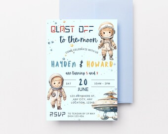 Invitación de cumpleaños de astronauta hermano, invitación a fiesta galaxia, invitación a hermanos rubios, invitación a fiesta en el espacio exterior de hermanos, plantilla editable