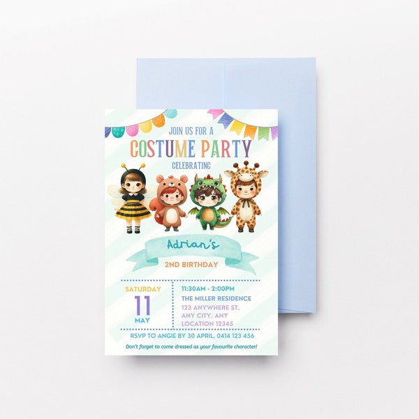 Kids Costume Party Invitation, Dress Up Party Birthday Invite, Let's Dance, Dress Up Invitation, Onesie Party, Green Editable Template