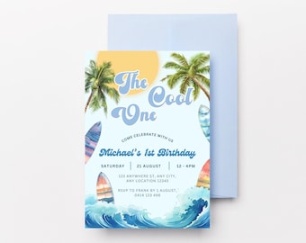 May include: A blue and yellow birthday invitation with the text "The Cool One" and "Michael's 1st Birthday". The invitation features a beach scene with palm trees and surfboards.