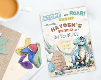 Dinosaur Fourth Birthday Invitation, Dino-Four Birthday Party Invite, 4th Birthday, Stomp Chomp Roar, Blue Dino Boys Party Editable Template