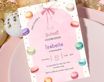 Macarons Birthday Invite, Colorful Kids Party Invite Template, Sweet Celebration Kids Party, Rainbow Macarons Invitation, Digital Download