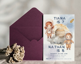 Invitación de cumpleaños de astronauta hermano, invitación a fiesta galaxia, invitación a hermanos jengibre, invitación a niña, fiesta en el espacio exterior, plantilla editable