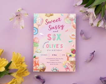 Sweet Sassy And Six, Candy 6th Invitation, 6th Girl Birthday Invitation, Donut Invitation, Icecream Invitation, Teen Birthday Invitation