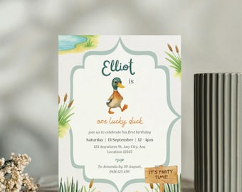 One Lucky Duck Birthday Invitation, Editable Template for Boy First Birthday, Duck Theme Party, 1st Birthday Party, Digital Download