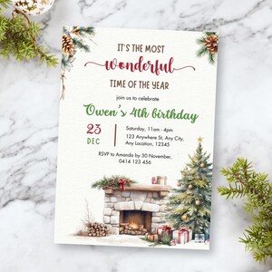 Christmas Birthday Invitation, Cozy Invitation Printable, Fireplace Birthday Invitation, Cozy Christmas Invite, Christmas Party Invitation