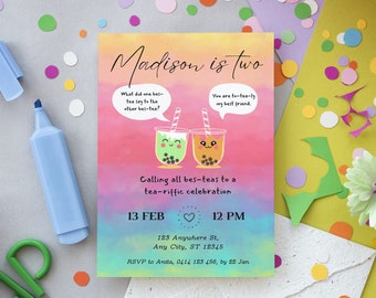 Boba Tea Birthday Party, Bubble Tea Themed Party, Milk Tea Party, Bes Tea Par Tea Invitation, Kawaii Invite, Kids Birthday Digital Invite