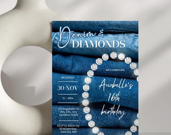 Faire-part d'anniversaire denim et losanges, bleu jean Bling, invitation anniversaire adulte, invitation fête ado, fête denim chic, téléchargement immédiat