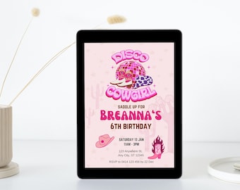 Pink Disco Cowgirl Birthday Party Invitation Template, Rodeo Birthday, Girl Birthday Party, Let's Go Girls, Any Age, Editable Template